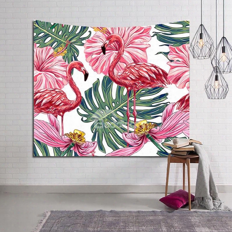 Blooming Flowers And Flamingos Tropical Plants Decorative Hanging Wall Tapestry