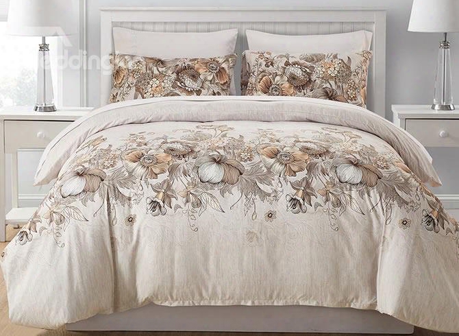 Blooming Flowers Printed Pastoral Style Beige Polyester 3-piece Bedding Sets/duvet Cover