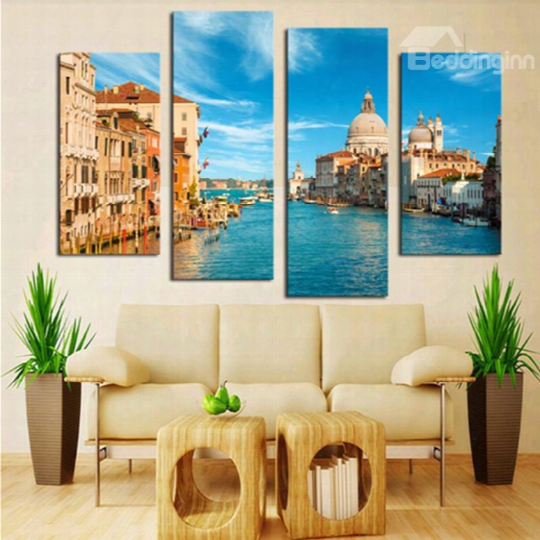 Blue Water City Hanging 4-piece Canvas Waterproof And Eco-friendly Non-framed Prints