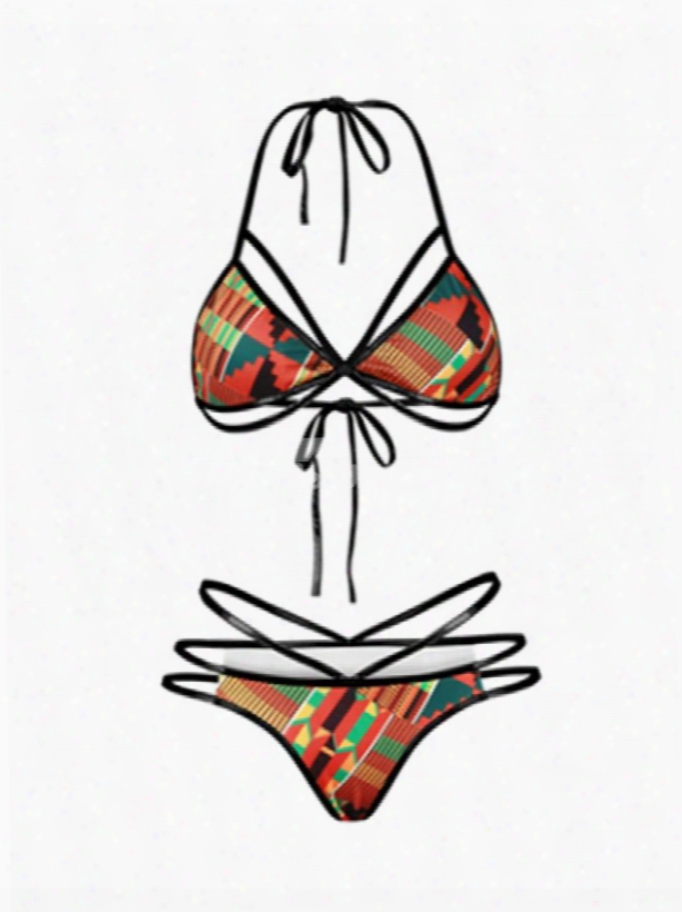 Bohemia Push Up Padded Lace Up Low-waisted Orange Bikini 3d Swimwear