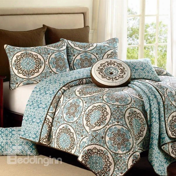 Boho Blue Medallion Print Patchwork Cotton 3-piece Queen Size Bed In A Bag