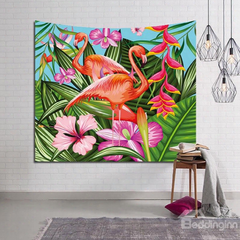 Bright Orange Flamingos With Tropical Flowers Decorative Hanging Wall Tapestry