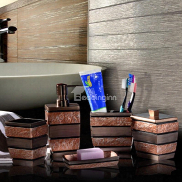 Brown Stripes 5-piece Vintage Style Resin Durable Bathroom Ensemble