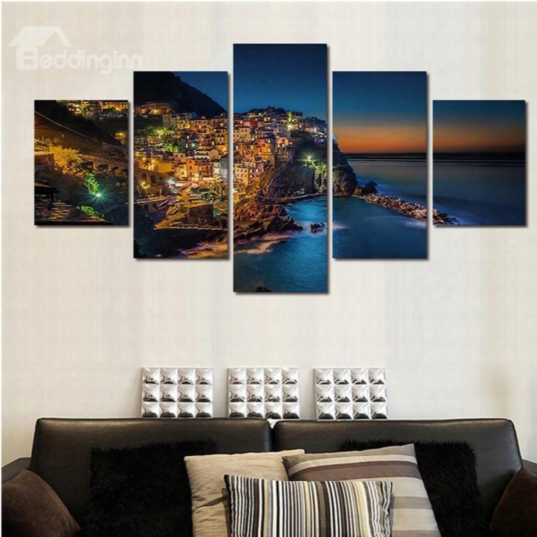 Buildings And Seaside Night 5-piece Canvas Non-gramed Wall Prints