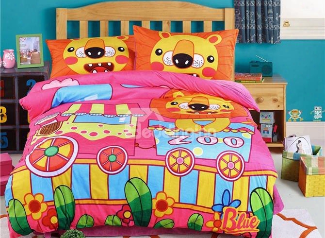 Cartoon Lion In Z Oo Pattern Kids Polyester 4-piece Duvet Cover Sets