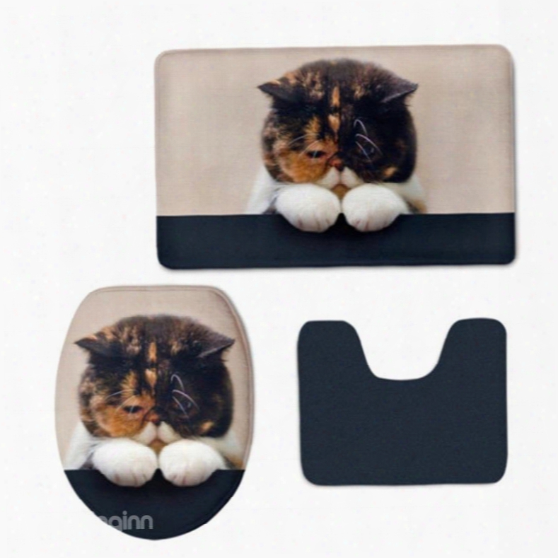 Cat Pattern 3-piece Flannel Pvc Soft Water-absorption Anti-slid Toilet Seat Covers