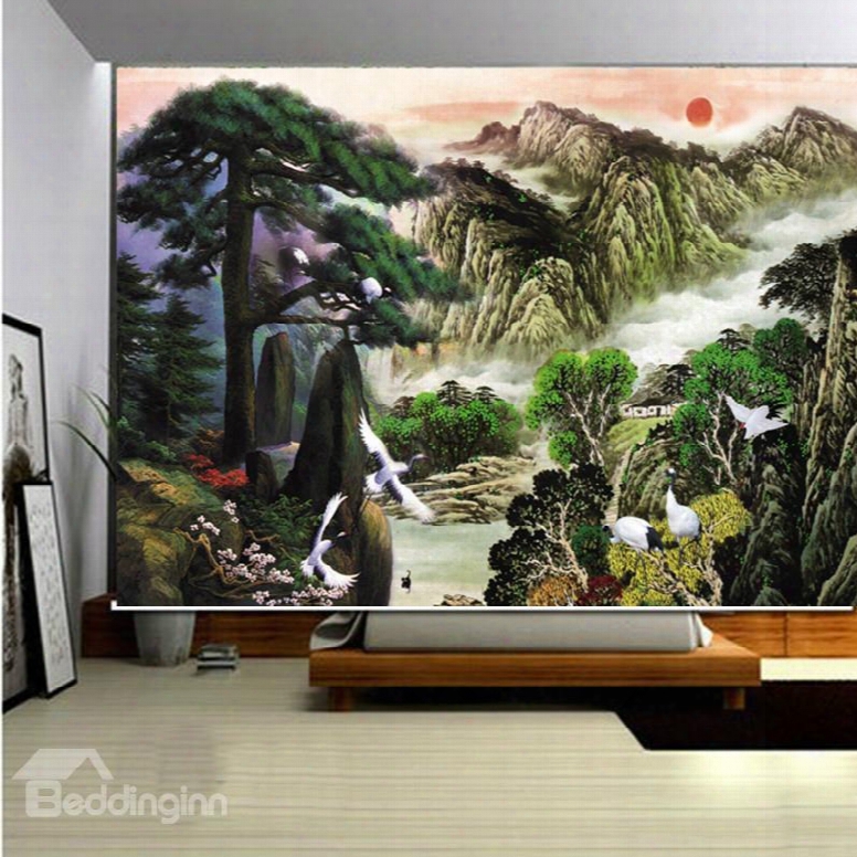 Chinese Style Mountain And Sea Painting 3d Printed Roller Shades