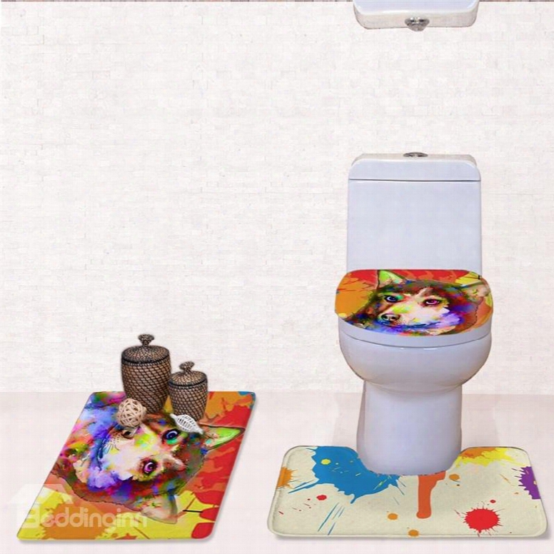 Colored Background Dog Pattern 3-piece Flannel Pvc Soft Water-absorption Anti-slid Toilet Seat Covers
