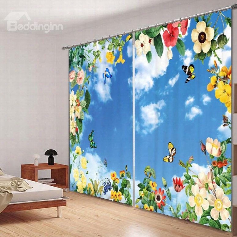 Colored Butterfly And Flower With Blue Sky 3d Printed Polyester Curtain