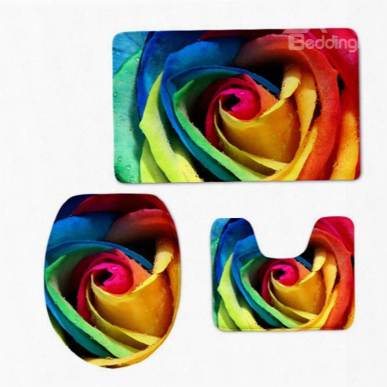 Colored Rose 3-piece Flannel Pvc Soft Water-absorption And Anti-slid Toilet Seat Covers