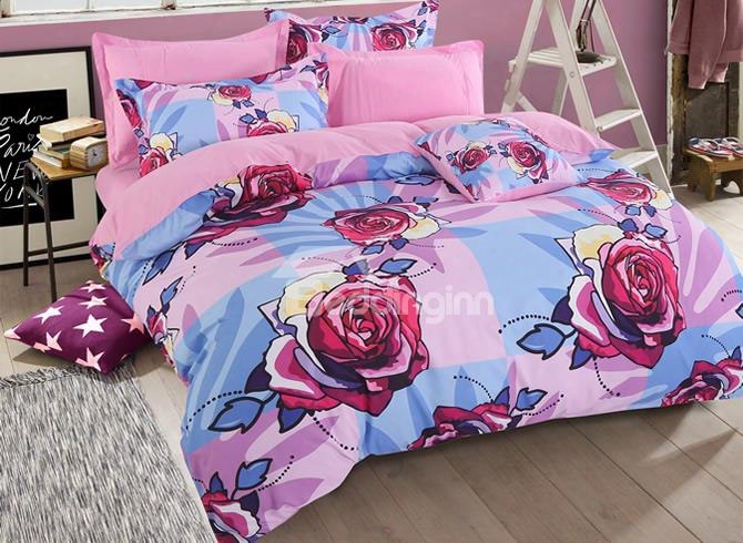Colorful Roses Pattern Purple 4-piece Polyester Bedding Sets/duvet Covdr