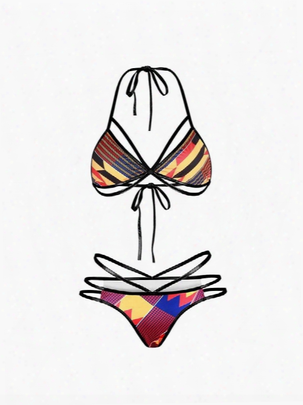 Colorful Stripe Push Up Padded Lace Up Low-waisted Bikini  3d Swimwear