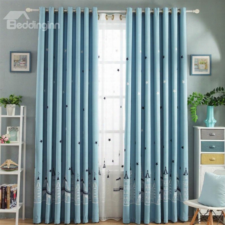 Concise And Modern Navy Blue 2 Panels Custom Grommet Top Curtain