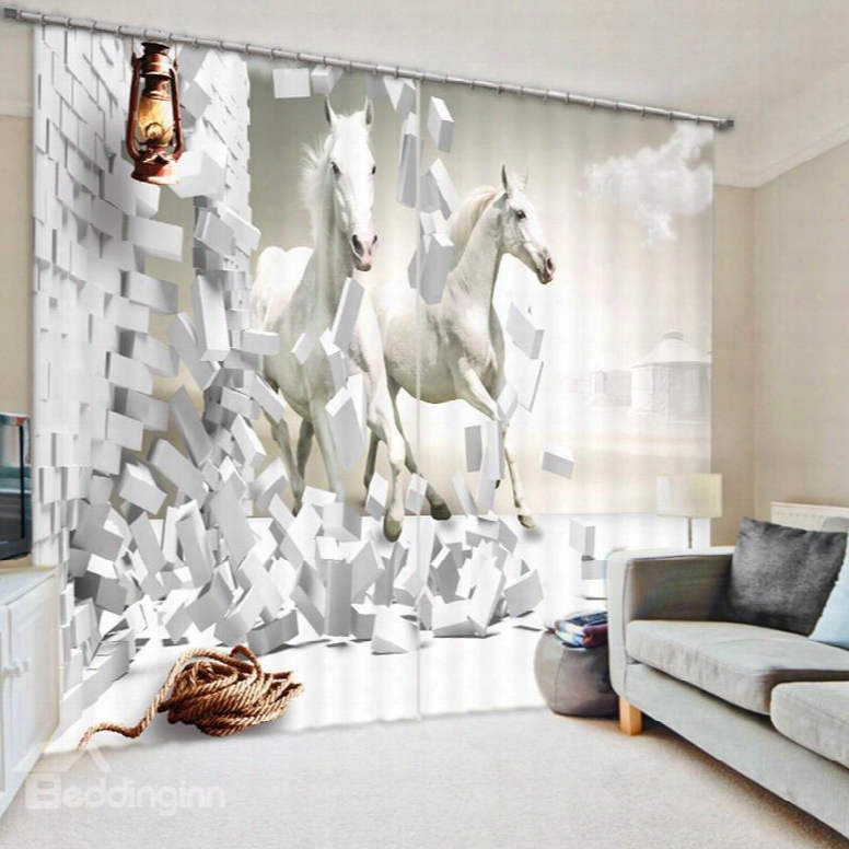 Couple White Horses Running Breaking The Wall 3d Printed Polyester Curtain