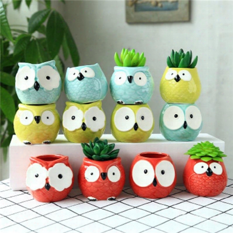 Creative And Elegant Style Owl Shape Three Colors Lovely Ceramics Succulent Pots
