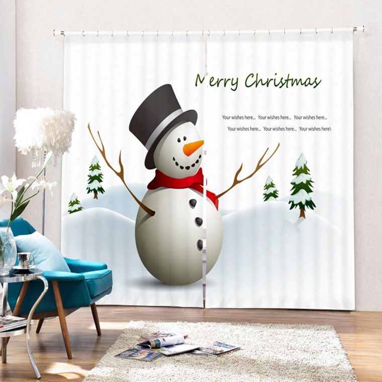 Cute Snowman With Red Scarf And Black Hat Printingchristmas Theme 3d Curtain