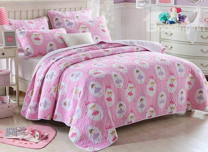 Dancing Girl Printed Cotton Princess Style Queen Size 3-piece Pink Bed In A Bag