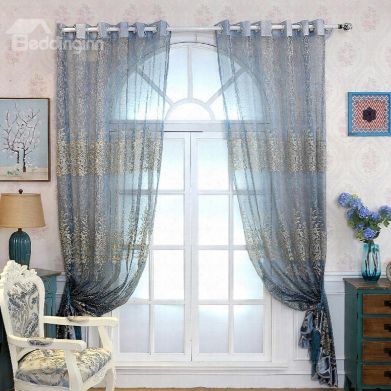 Decoration Polyester Flowers Printing Blue Solid Luxury Style Sheer Curtain And Drapes