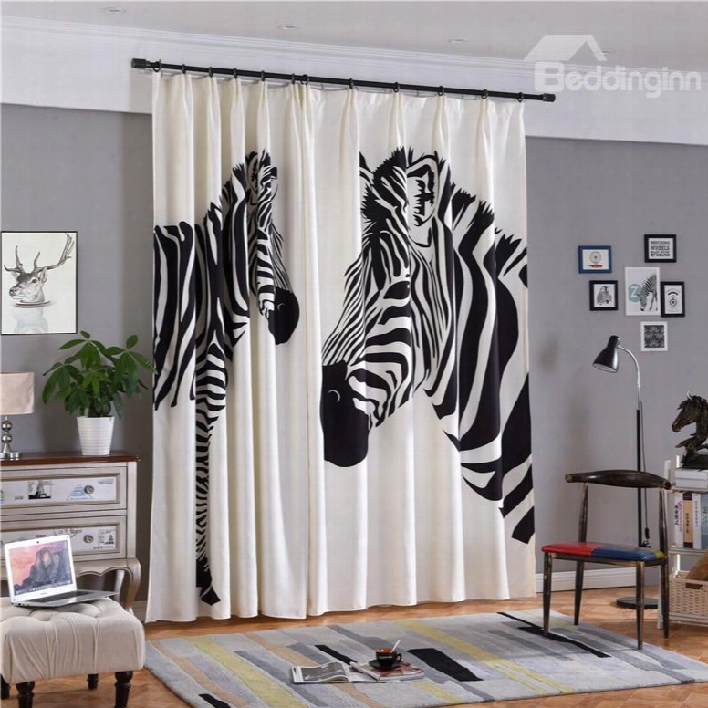 Decorative Two Zebras Digital Printing Polyester Cotton Concise Style 2 Panels 3d Curtain