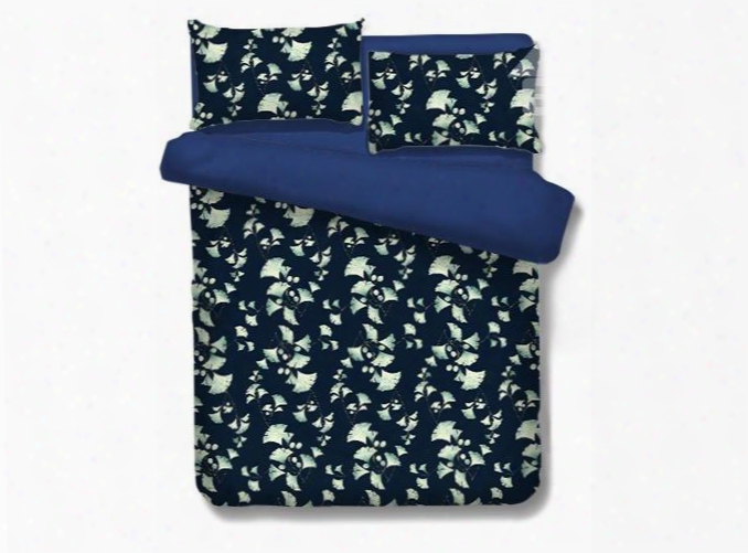 Designer Silver Ginkgo Leaves Printed Dark Blue Polyester 4-piece Beddin Gsets/duvet Cover