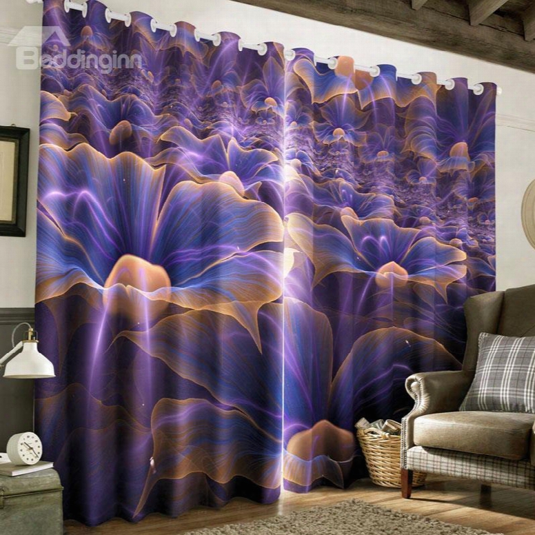 Dreamy Purple Flowers Printed 2 Panels Custom Polyester Living Room 3d Curtain