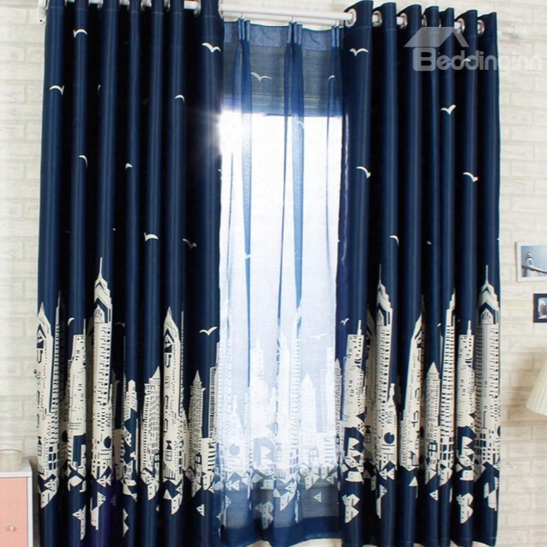 Dust-proof And Blackout Polyester Cotton City Buildings Scenery Modern Style 2 Panels Sheer Curtain