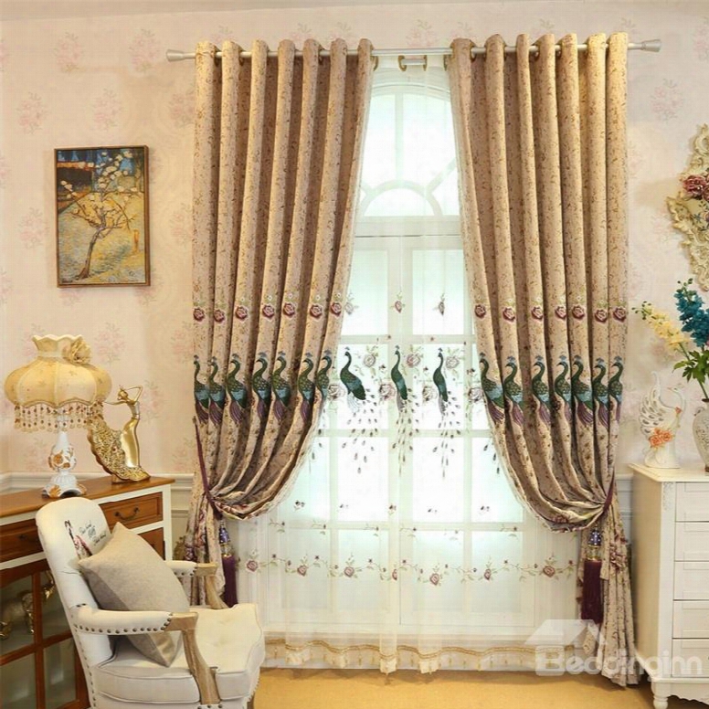 Elegant And Modern  Embroidered Peacocks 2 Panels Living Room Sheer Curtain