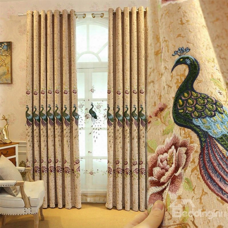 Elegant And Modern Embroidered Peacocks 2 Panels Living Room Grommet Otp Curtain