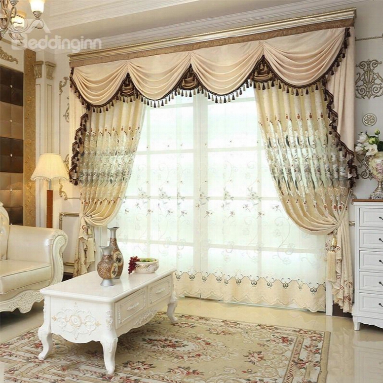 European Elegant Beige Chenille Decorative 2 Panels Living Room Sheer Curtain