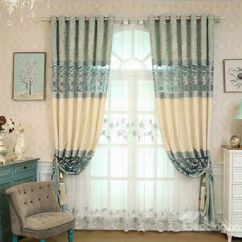 European Style Fresh Light Blue Embroidered Flowers Custom Living Room Sheer Curtain