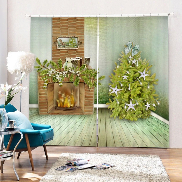 Fireplace And Christmas Tree Printing Christmas Theme 3d Curtain