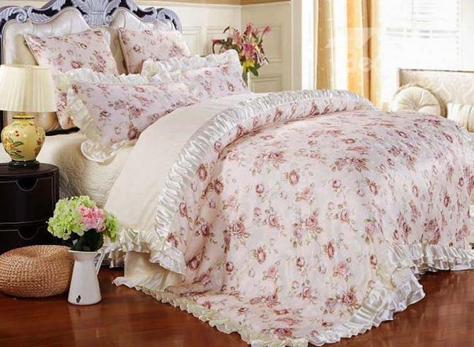 Floral Pattern Pastoral Style Beige 6-piece Cotton Sateen Bedding Sets/duvet Cover