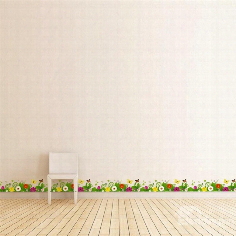 Flowers And Grass Printed Pvc Waterproof Eco-friendly Baseboard Wall Stickers