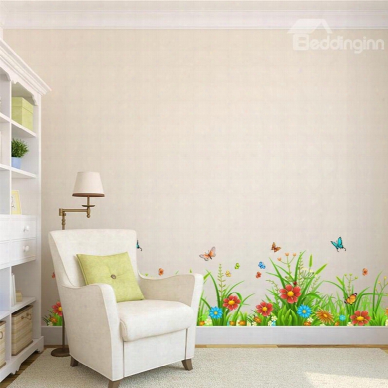 Flowers Butterflies Grasses Printed Pvc Waterproof Eco-friendly Baseboard Wall Stickers