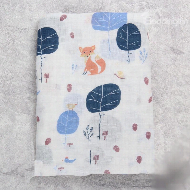 Foxes And Trees Printed Bamboo Fiber 2-layer White Baby Swaddle Blanket