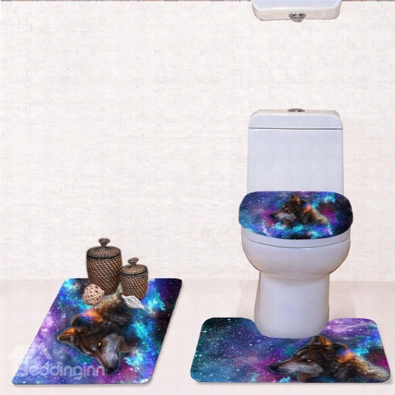 Galaxy Wolf Pattern 3-piece Flannel Pvc Soft Water-absorption Anti-slid Toilet Seat Covers