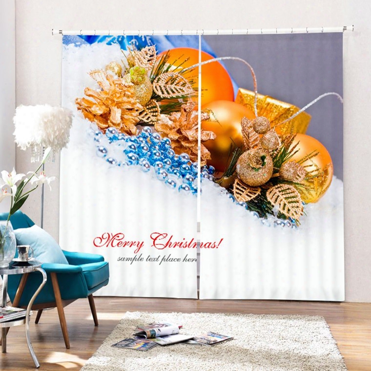 Golden Christmas Balls Decor Printing Merry Christmas Theme 3d Curtain