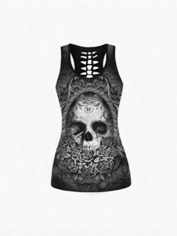 Grey Skull Head With Flower Printing Polyester Sports Female 3d Tops
