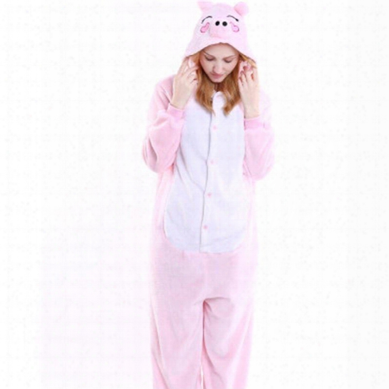 Halloween Pink Piggy Flannel One-piece Stretchable Pajama Jumpsuit