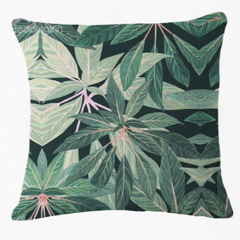 Hand-painted Tropical Leaves Foliage Design Green Linen Throw Pillow