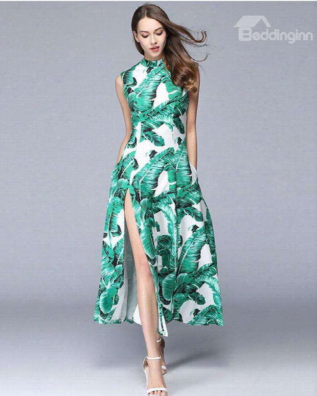 High Split Long Tropical Palm Leaf Print Sexy Women's Dress