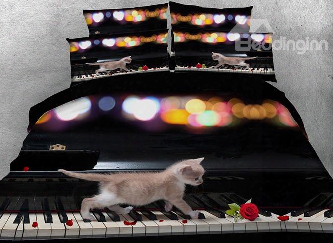 Kitten On The Keys 3d Digital Printing 5-piece Tencel Comforter Sets