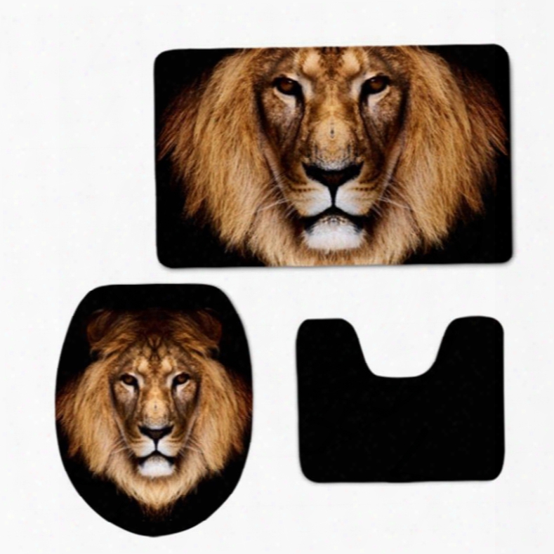 Lion Head Pattern 3-piece Flannel Pvc Soft Water-absorption Anti-slid Toilet Seat Covers