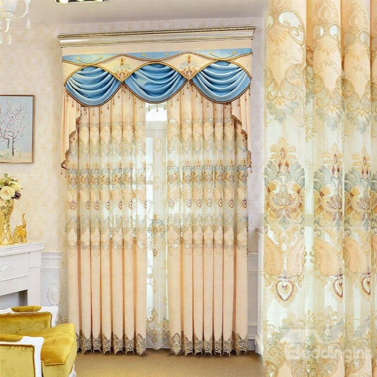 Luxury And Upmarket Embroidered Flowers Beige Custom Living Room Sheer Curtain