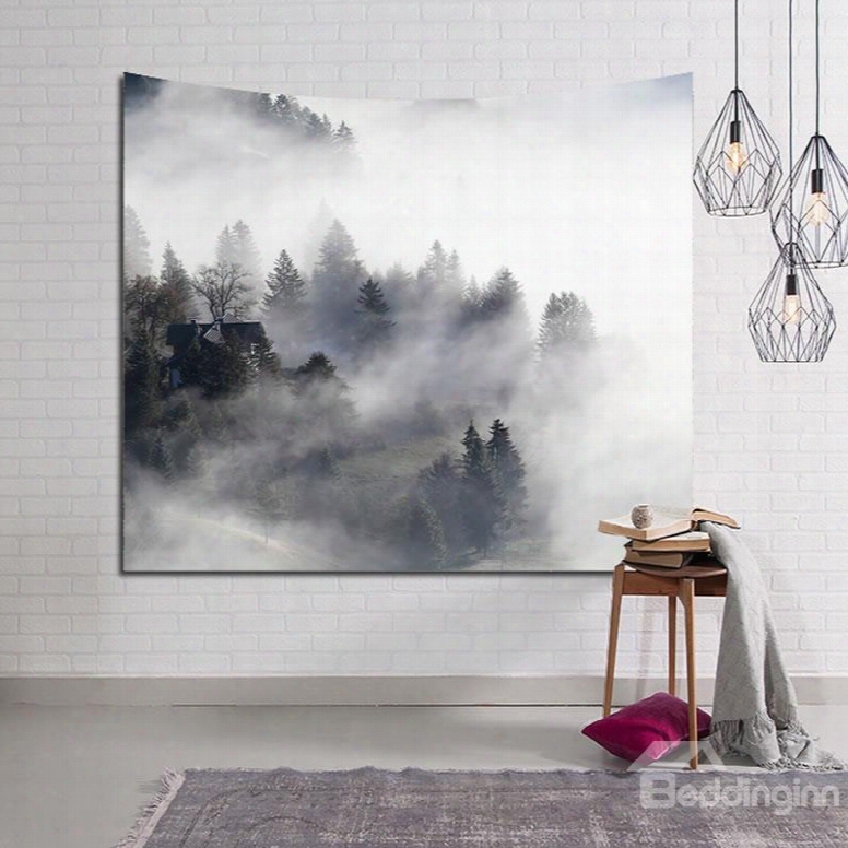 Mysterious Foggy Forest And Mountains Decorative Hanging Wall Tapestry