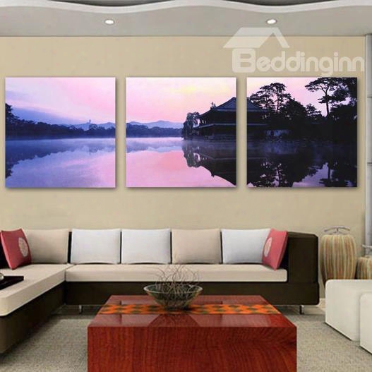 New Arrival Beautiful Purple Lake Scenery And Shadow Print 3-piece Cross Film Wall Art Prints