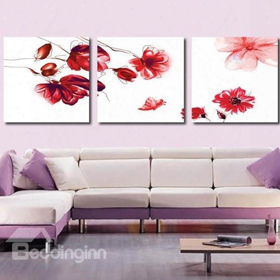New Arrival Beautiful Red Flowers And Butterfly Print 3-piece Cross Film Wall Art Prints