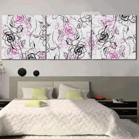 New Arrival Elegant Purple And Black Floral Patterns Print 3-piece Cross Film Wall Art Prints