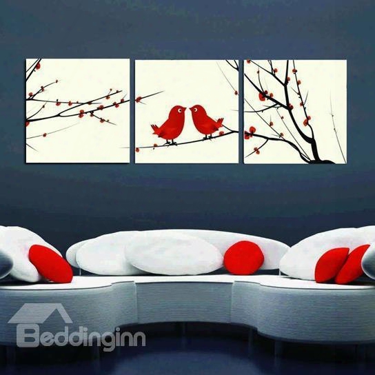 New Arrival Lovely Red Birds Standing On Branches Print 3-piece Cross Film Wall Art Prints