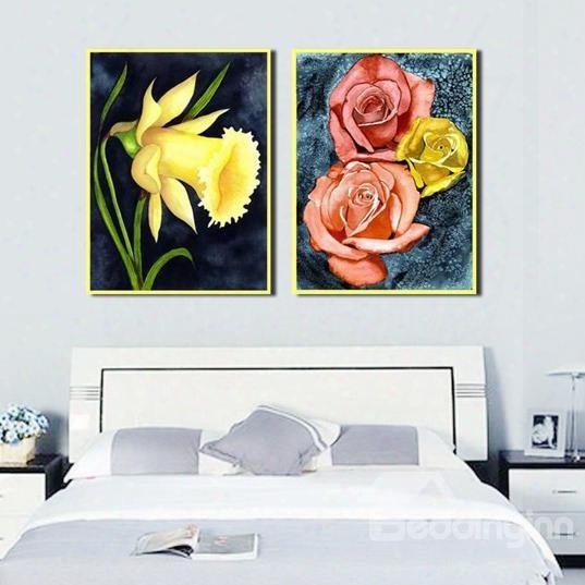New Arrival Oil-painting Style Colorful Flowers Print 2-piece Cross Film Wall Art Prints